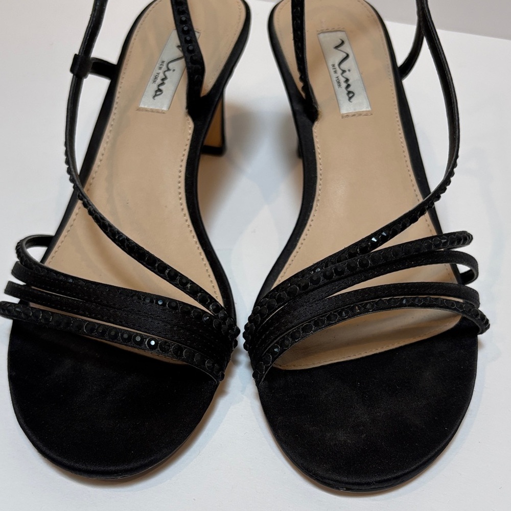 Nina Black Strappy Slingback Heels with Subtle Embellishment, Size 8.5 - Picture 3 of 10